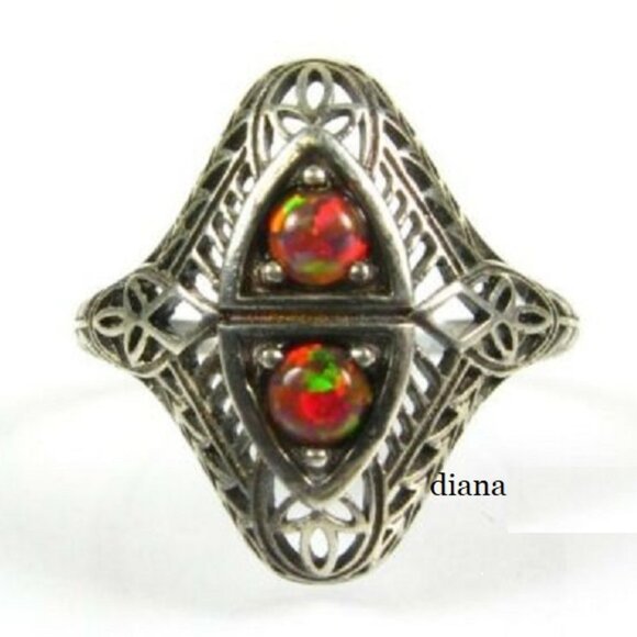 .25ctw Natural Round Cut Dark Opal Victorian Deco Sterling Filigree Ring Size 8 - Picture 1 of 6